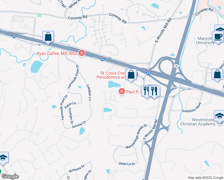 map of restaurants, bars, coffee shops, grocery stores, and more near 14323 Cross Timbers Court in Chesterfield