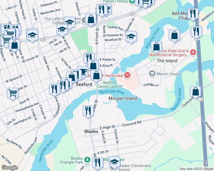 map of restaurants, bars, coffee shops, grocery stores, and more near 701 Water Street in Seaford