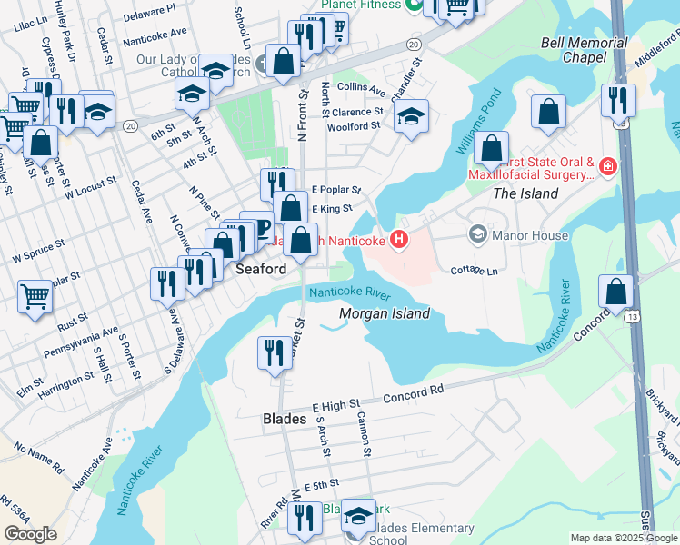 map of restaurants, bars, coffee shops, grocery stores, and more near 701 Water Street in Seaford