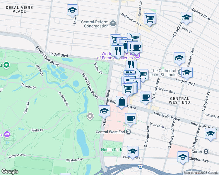 map of restaurants, bars, coffee shops, grocery stores, and more near 3202 Kingshighway Boulevard in St. Louis