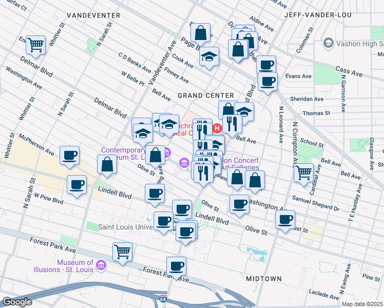 map of restaurants, bars, coffee shops, grocery stores, and more near Grandel Square in St. Louis