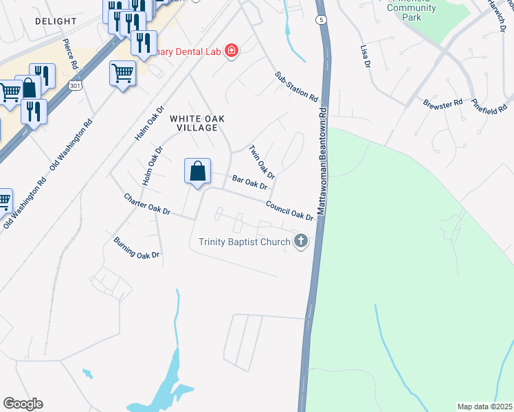 map of restaurants, bars, coffee shops, grocery stores, and more near 12633 Council Oak Drive in Waldorf