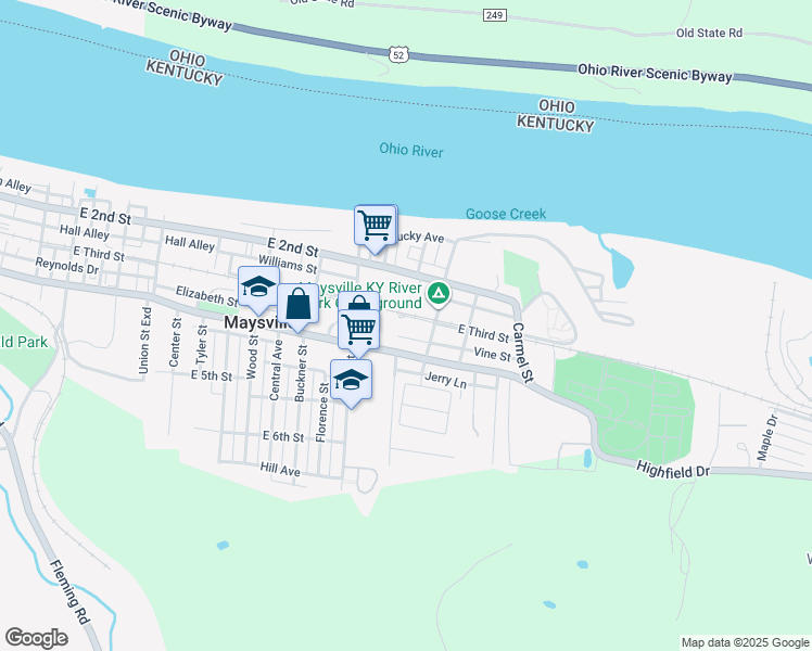 map of restaurants, bars, coffee shops, grocery stores, and more near 1100 East Third Street in Maysville