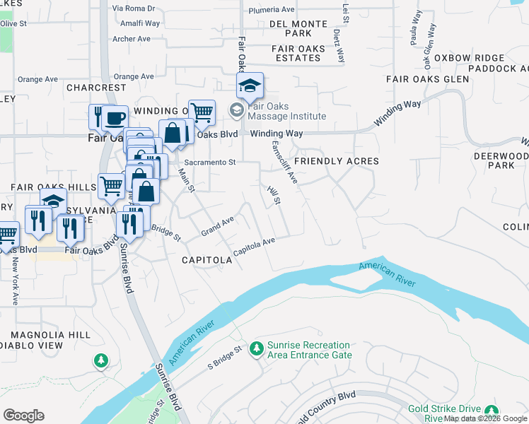 map of restaurants, bars, coffee shops, grocery stores, and more near 4107 Smallwood Lane in Fair Oaks