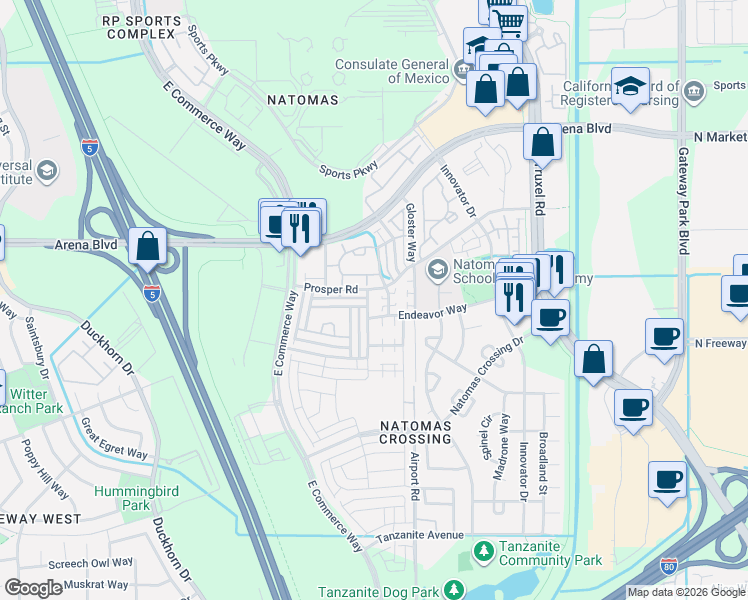 map of restaurants, bars, coffee shops, grocery stores, and more near 2480 Prosper Road in Sacramento