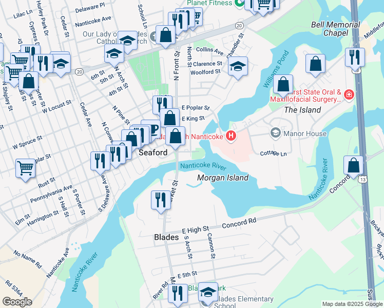 map of restaurants, bars, coffee shops, grocery stores, and more near 119 North Street in Seaford