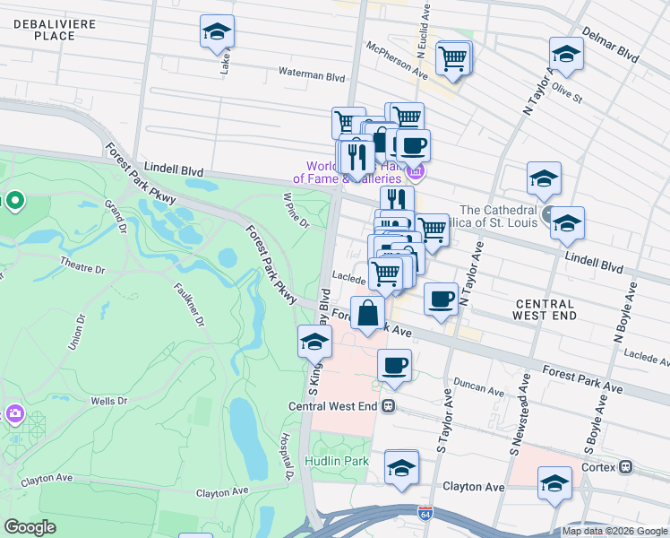 map of restaurants, bars, coffee shops, grocery stores, and more near in St. Louis