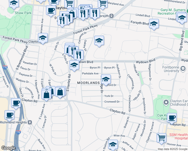 map of restaurants, bars, coffee shops, grocery stores, and more near 7537 Parkdale Avenue in Clayton