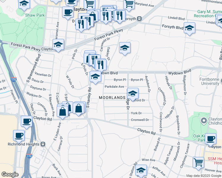 map of restaurants, bars, coffee shops, grocery stores, and more near 7537 Parkdale Avenue in Clayton