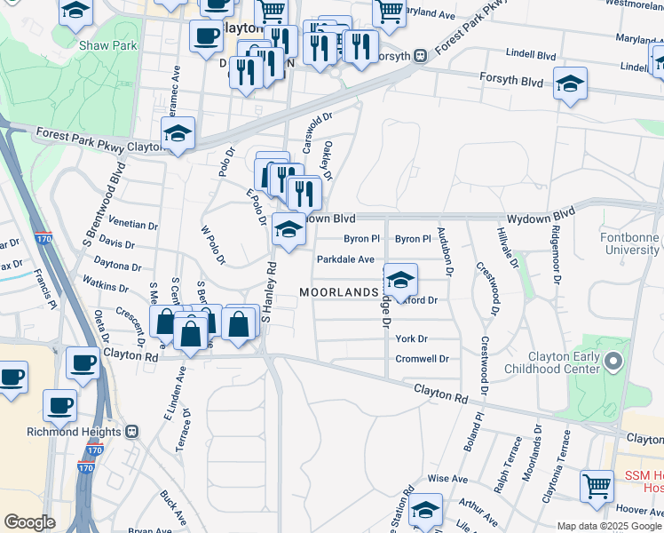 map of restaurants, bars, coffee shops, grocery stores, and more near 7575 Parkdale Avenue in Clayton