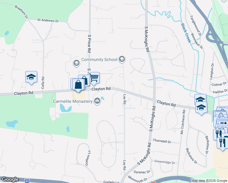 map of restaurants, bars, coffee shops, grocery stores, and more near 14 Exmoor Drive in St. Louis