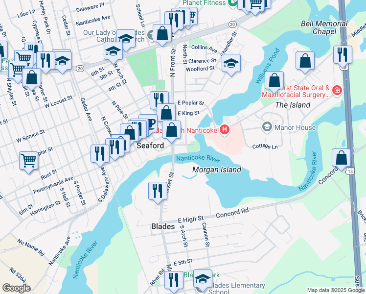 map of restaurants, bars, coffee shops, grocery stores, and more near 119 North Street in Seaford