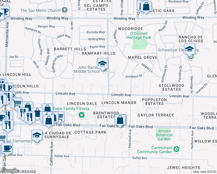 map of restaurants, bars, coffee shops, grocery stores, and more near 4243 Barrett Road in Carmichael