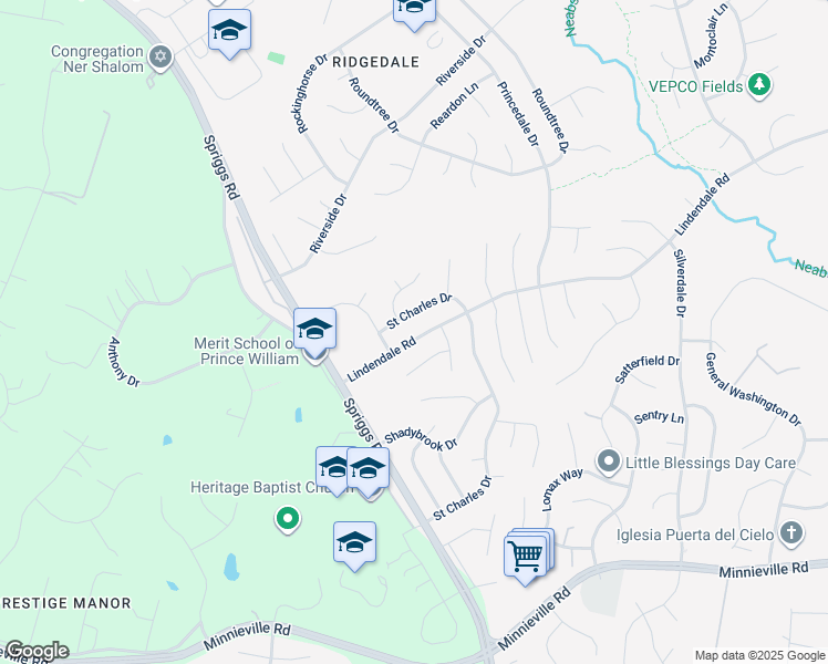 map of restaurants, bars, coffee shops, grocery stores, and more near 14322 Lindendale Road in Woodbridge