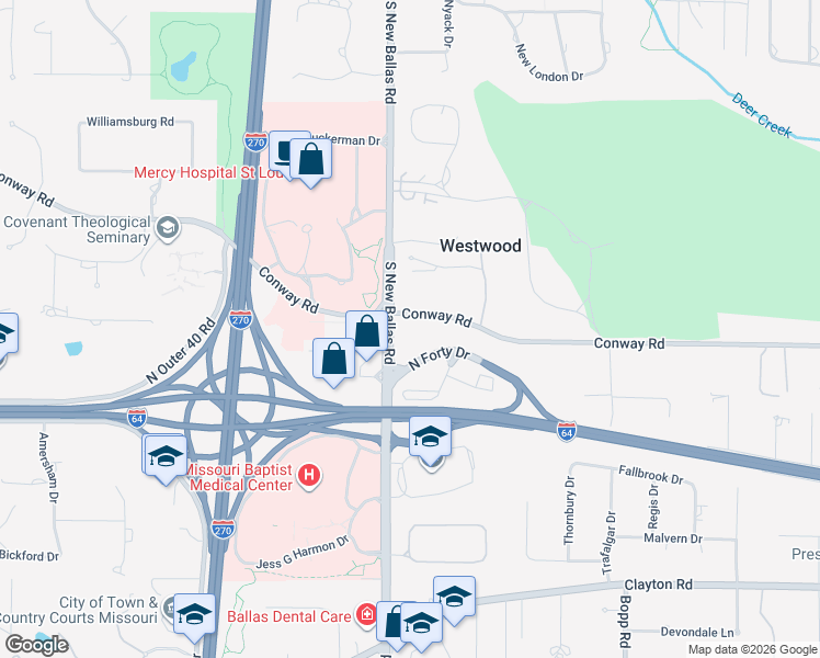 map of restaurants, bars, coffee shops, grocery stores, and more near 12040 Conway Road in St. Louis