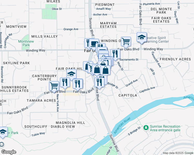 map of restaurants, bars, coffee shops, grocery stores, and more near 4160 Sunrise Blvd in Fair Oaks