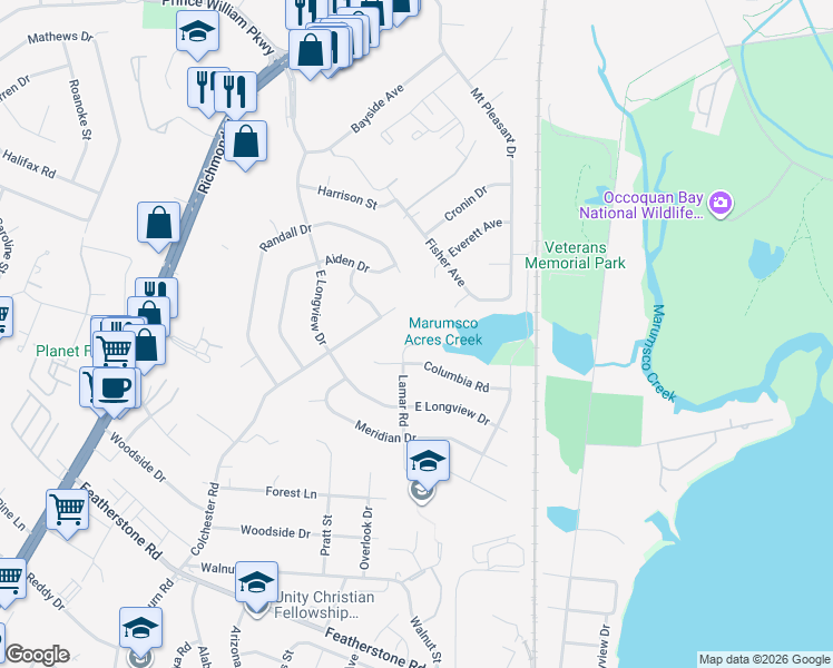 map of restaurants, bars, coffee shops, grocery stores, and more near 14402 Lamar Road in Woodbridge