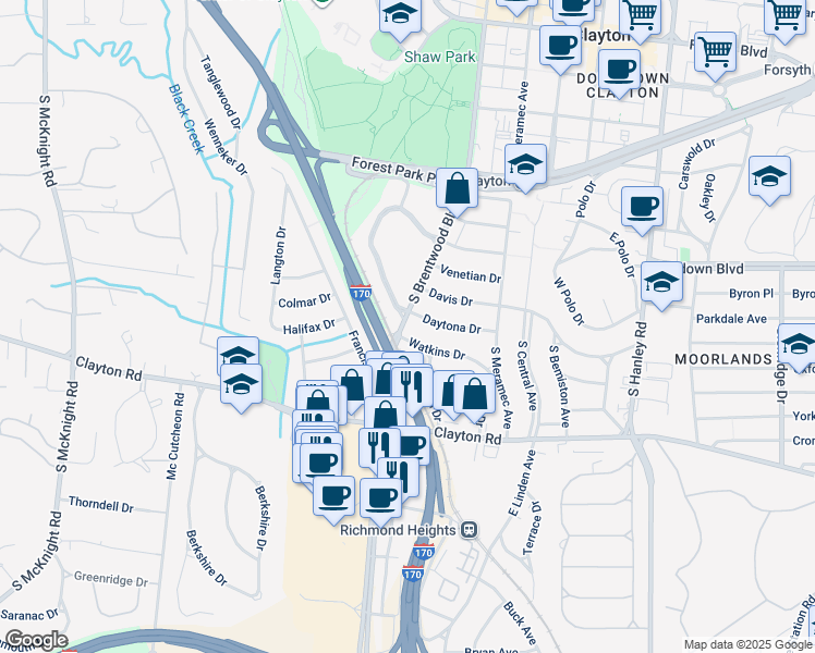 map of restaurants, bars, coffee shops, grocery stores, and more near 818 South Brentwood Boulevard in Clayton