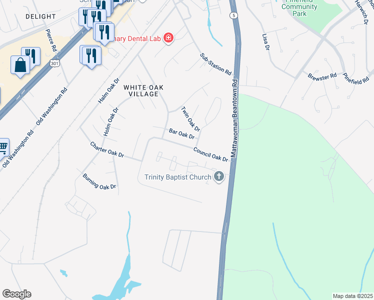 map of restaurants, bars, coffee shops, grocery stores, and more near 12633 Council Oak Drive in Waldorf