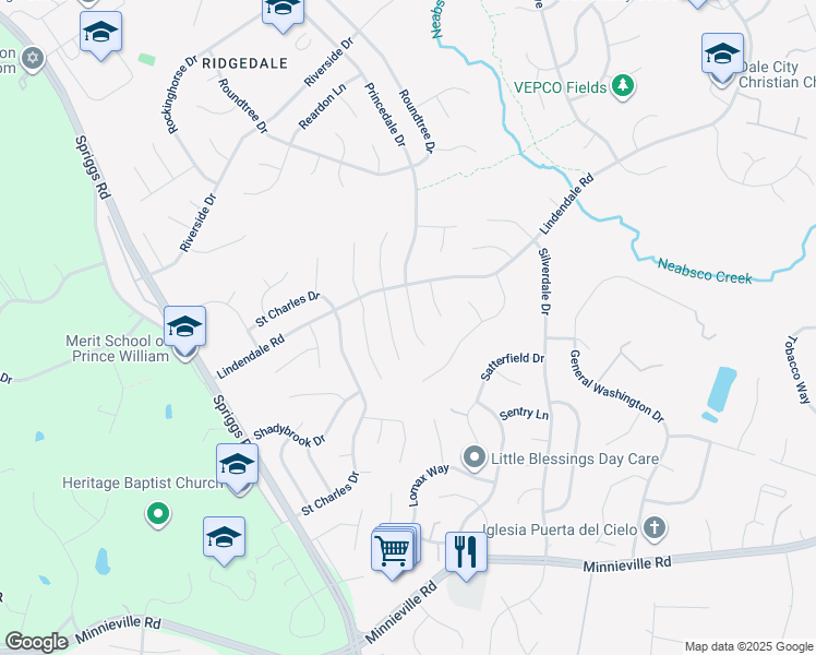 map of restaurants, bars, coffee shops, grocery stores, and more near 14288 Princedale Drive in Woodbridge