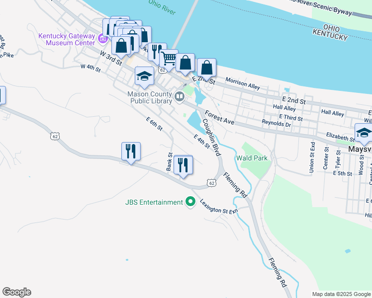 map of restaurants, bars, coffee shops, grocery stores, and more near 600 Bank Street in Maysville