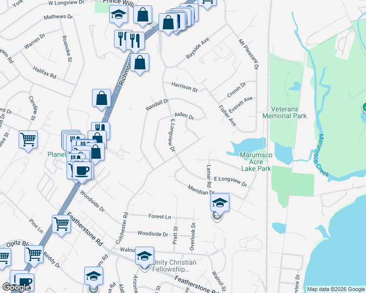 map of restaurants, bars, coffee shops, grocery stores, and more near 1420 Colchester Road in Woodbridge
