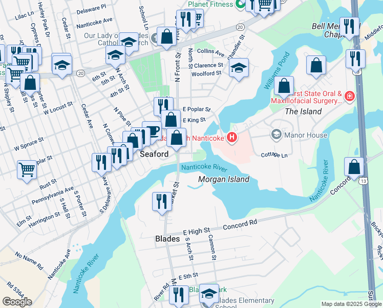 map of restaurants, bars, coffee shops, grocery stores, and more near 119 North Street in Seaford