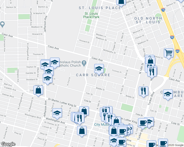 map of restaurants, bars, coffee shops, grocery stores, and more near 1911 Phipps Street in St. Louis