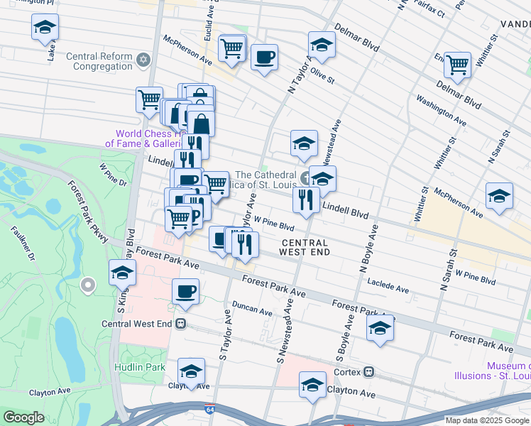 map of restaurants, bars, coffee shops, grocery stores, and more near 114 North Taylor Avenue in St. Louis