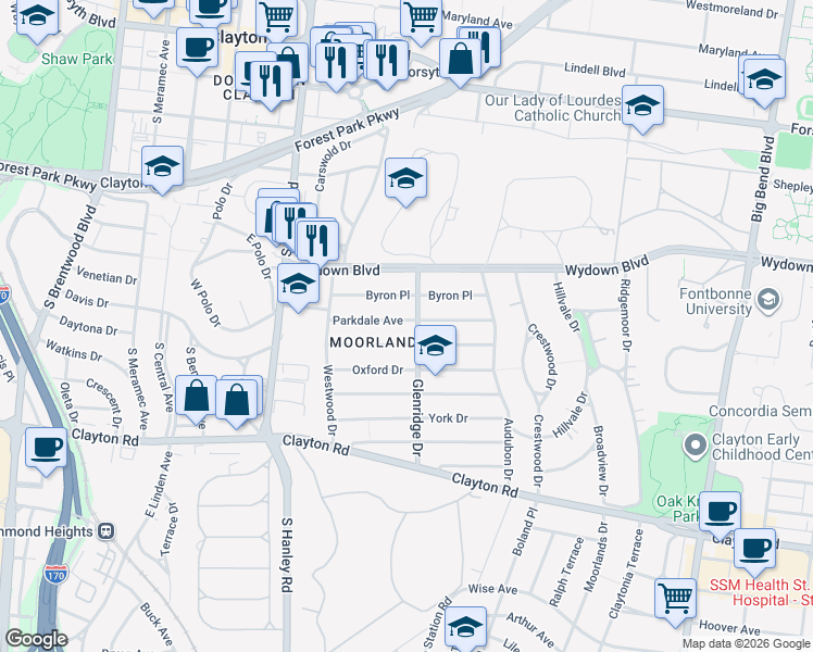 map of restaurants, bars, coffee shops, grocery stores, and more near 7501 Parkdale Avenue in St. Louis