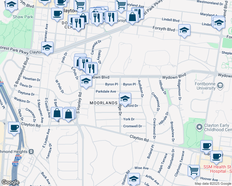 map of restaurants, bars, coffee shops, grocery stores, and more near 7501 Parkdale Avenue in St. Louis