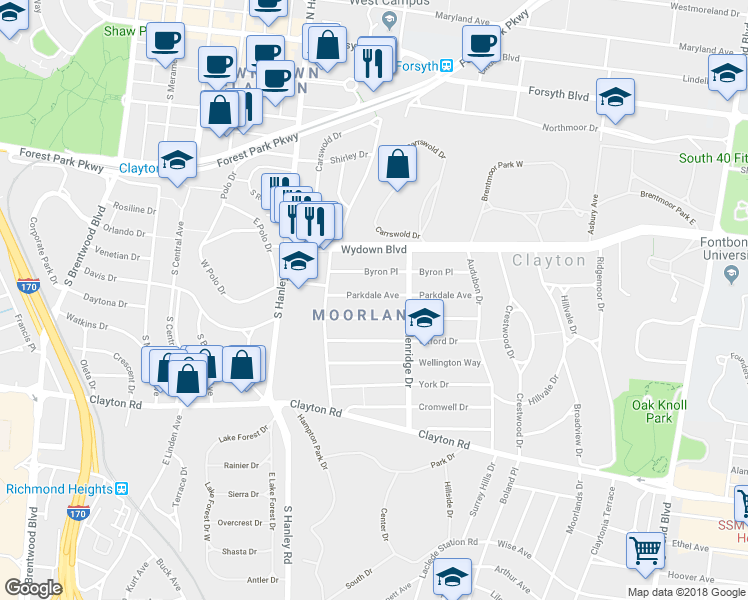 map of restaurants, bars, coffee shops, grocery stores, and more near 7537 Parkdale Avenue in Clayton
