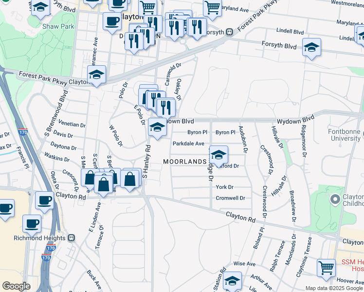 map of restaurants, bars, coffee shops, grocery stores, and more near 7575 Parkdale Avenue in Clayton