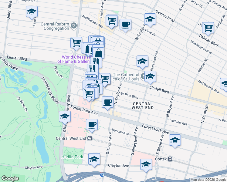map of restaurants, bars, coffee shops, grocery stores, and more near 4567 West Pine Boulevard in St. Louis