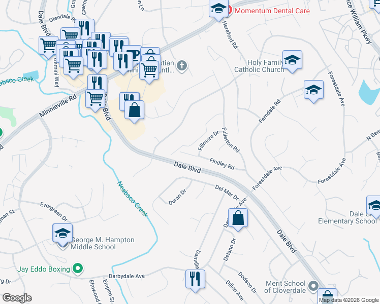 map of restaurants, bars, coffee shops, grocery stores, and more near 3912 Findley Road in Woodbridge