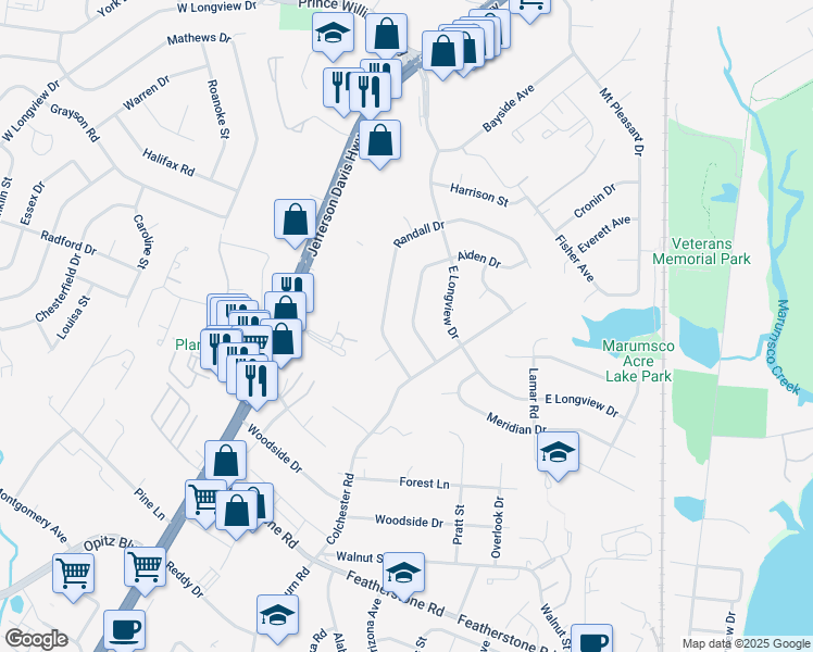 map of restaurants, bars, coffee shops, grocery stores, and more near 1526 Aiden Drive in Woodbridge