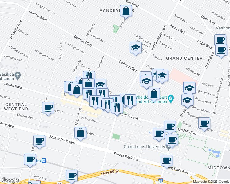 map of restaurants, bars, coffee shops, grocery stores, and more near 3961 Westminster Place in St. Louis