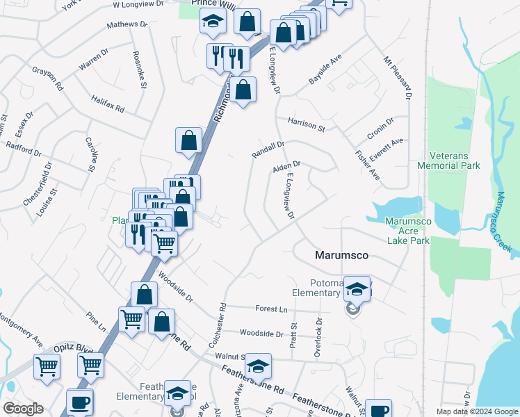 map of restaurants, bars, coffee shops, grocery stores, and more near 1526 Aiden Drive in Woodbridge