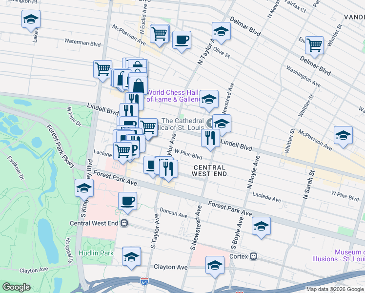 map of restaurants, bars, coffee shops, grocery stores, and more near 4475 West Pine Boulevard in Saint Louis