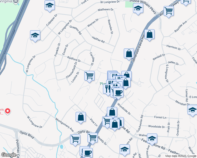 map of restaurants, bars, coffee shops, grocery stores, and more near 14308 Jeffries Road in Woodbridge