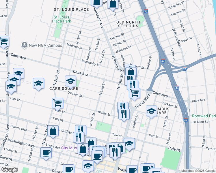 map of restaurants, bars, coffee shops, grocery stores, and more near 1509 Cochran Place in St. Louis