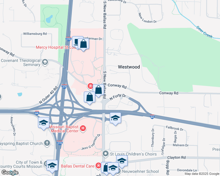 map of restaurants, bars, coffee shops, grocery stores, and more near 12040 Conway Road in St. Louis