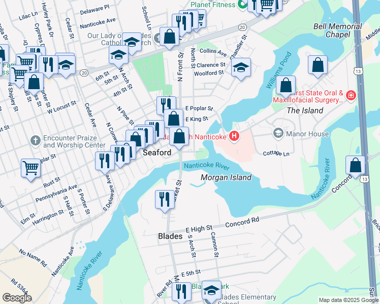 map of restaurants, bars, coffee shops, grocery stores, and more near 121 North Front Street in Seaford