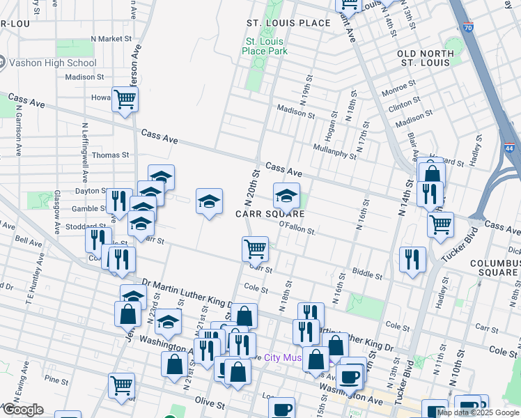 map of restaurants, bars, coffee shops, grocery stores, and more near 1919 O'Fallon Street in Saint Louis