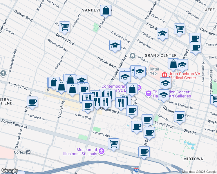 map of restaurants, bars, coffee shops, grocery stores, and more near 3901 Olive Street in St. Louis