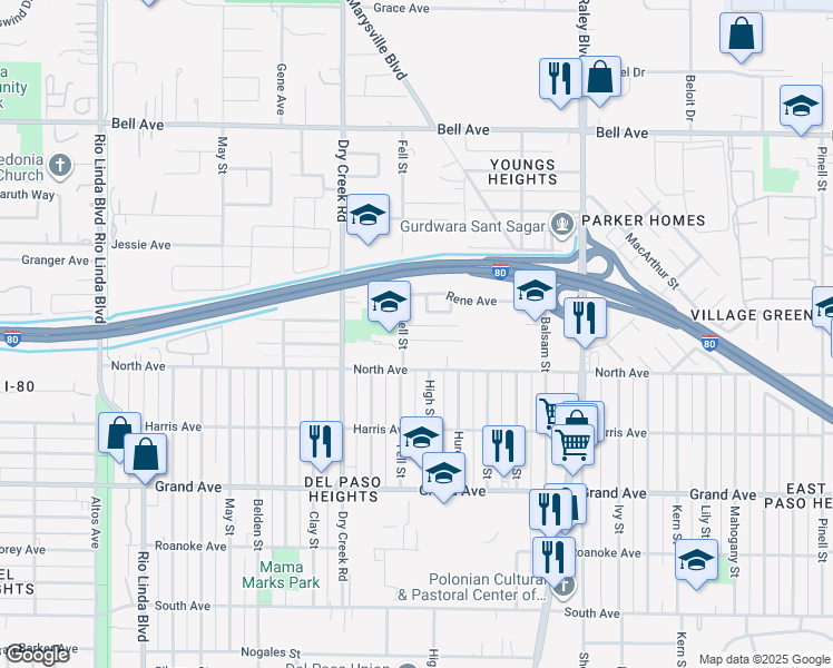 map of restaurants, bars, coffee shops, grocery stores, and more near 1329 Stephanie Avenue in Sacramento