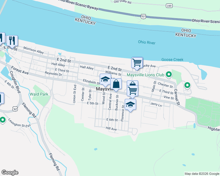 map of restaurants, bars, coffee shops, grocery stores, and more near 103 Elizabeth Street in Maysville