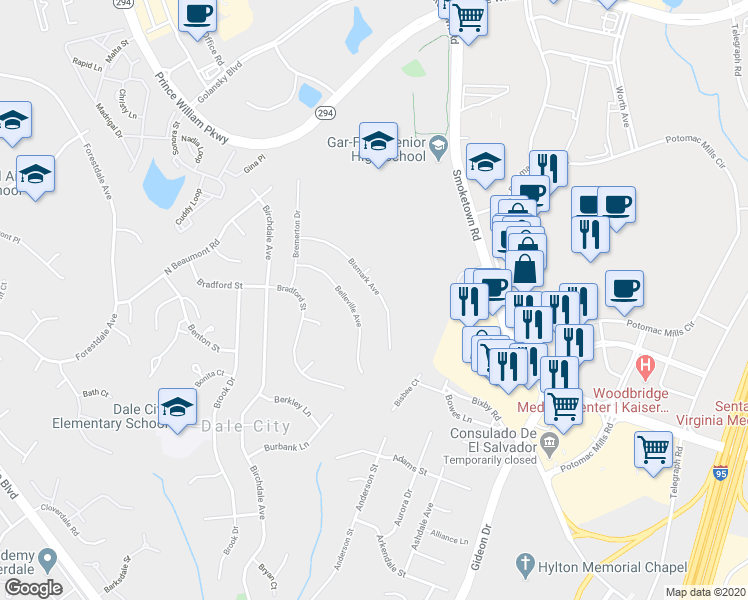 map of restaurants, bars, coffee shops, grocery stores, and more near 14308 Bismark Avenue in Woodbridge