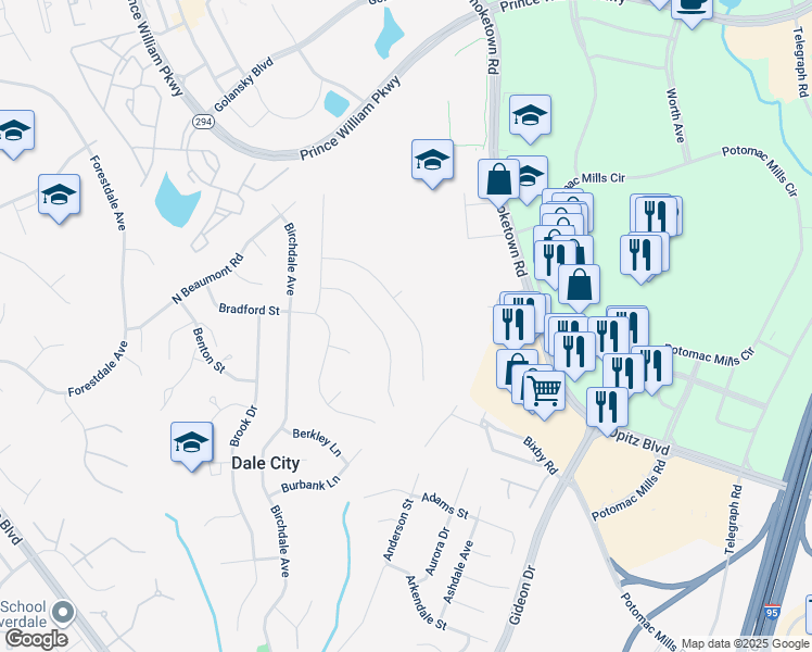 map of restaurants, bars, coffee shops, grocery stores, and more near 14308 Bismark Avenue in Woodbridge