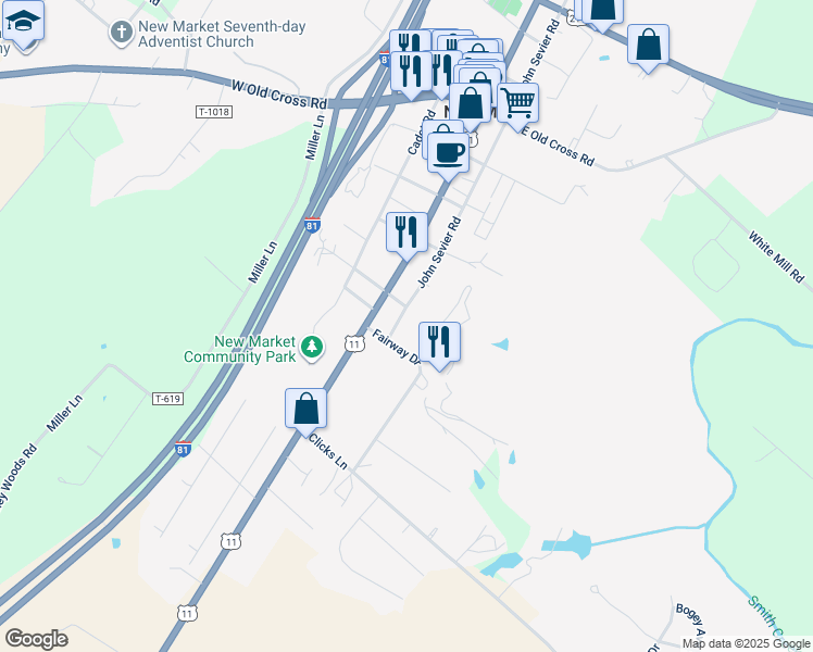 map of restaurants, bars, coffee shops, grocery stores, and more near 9634 John Sevier Road in New Market